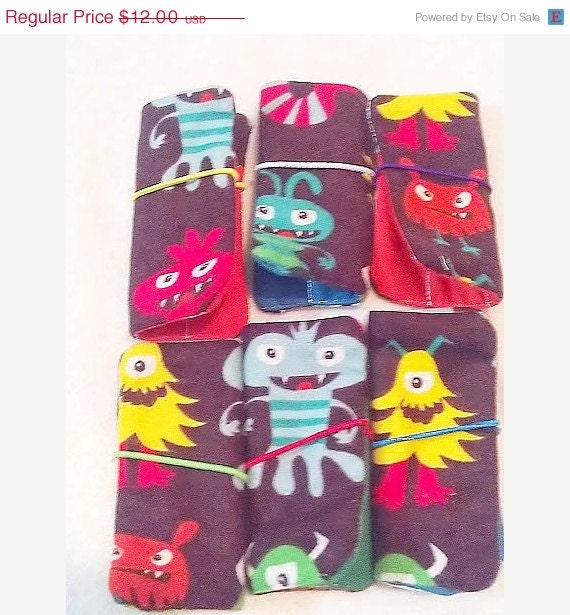 EASTER SALE Set of 6 Monster mini crayon rolls with elasti closure and hold 4 crayons School parties and treats Quantity discounts Il_570xn