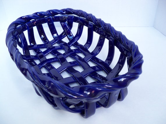 Download Woven Ceramic Basket in cobalt blue fruit bowl-bread warmer