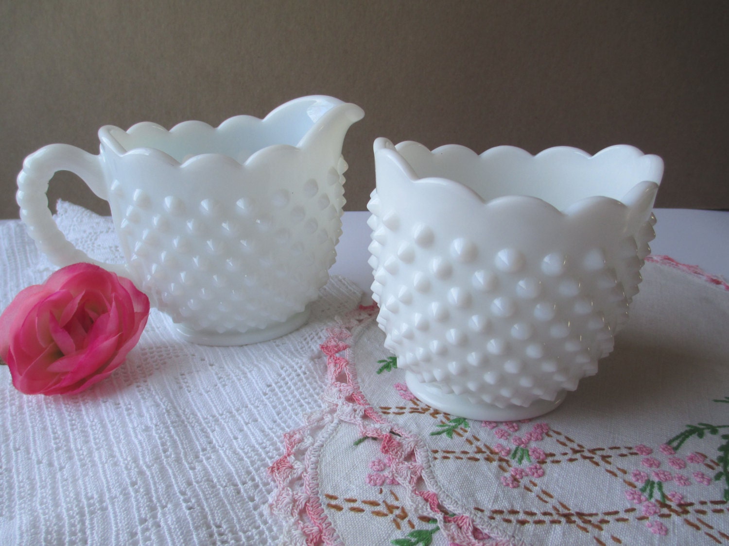 Vintage Fenton Milk Glass Hobnail Cream And Sugar Set Cottage Chic Haute Juice 6006