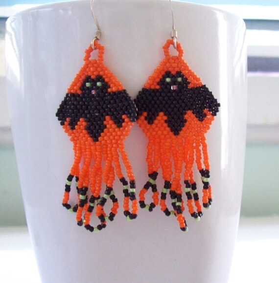 Items similar to Halloween Beadwork Earrings, Bat Beaded Earrings, Holiday Earrings,Orange Black