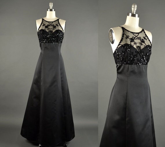 1980s Prom Dress / black satin sequin dress / 80s Dress