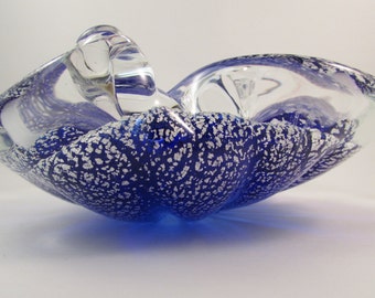 Vintage Murano Art Glass Bowl Cobalt Blue with Silver Aventurine Original Sticker Rosis Vetreria Artistica in Murano Venezia Made in Italy