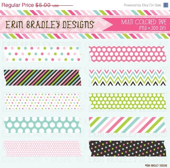 50% OFF SALE Multi Colored Polka Dotted and Striped Washi Tape Clipart Graphics Commercial Use Instant Download Il_570xn
