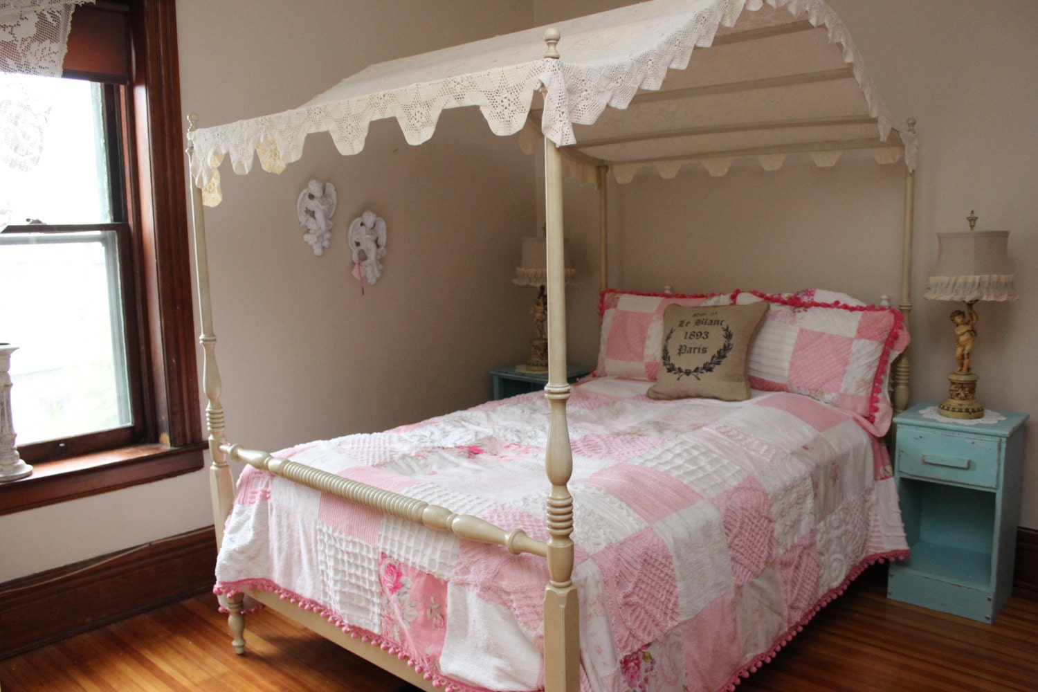 vintage canopy full bed frame shabby chic by VintageChicFurniture