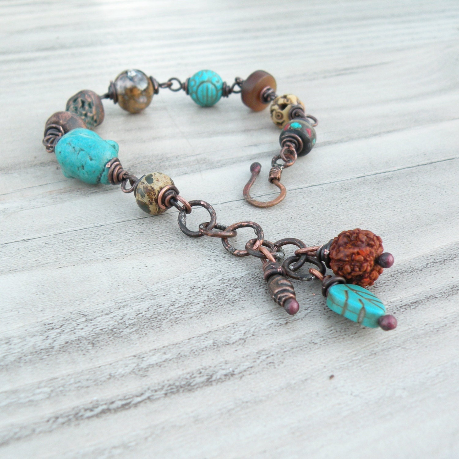 Rustic Copper Bracelet Chunky Beaded Earthy Bohemian