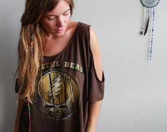 Grateful Dead Steal Your Face Brown Eco Friendly Cut Out open Off The Shoulder Upcycled Fringe Tshirt/Tee/Top/Shirt Womens One Size