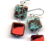 Coral Wine Red, Cooper , Mint  and Coral Orange Earrings, Rare Czech Glass Earrings, Sterling silver Earrings - handmade  by AnnaArt72