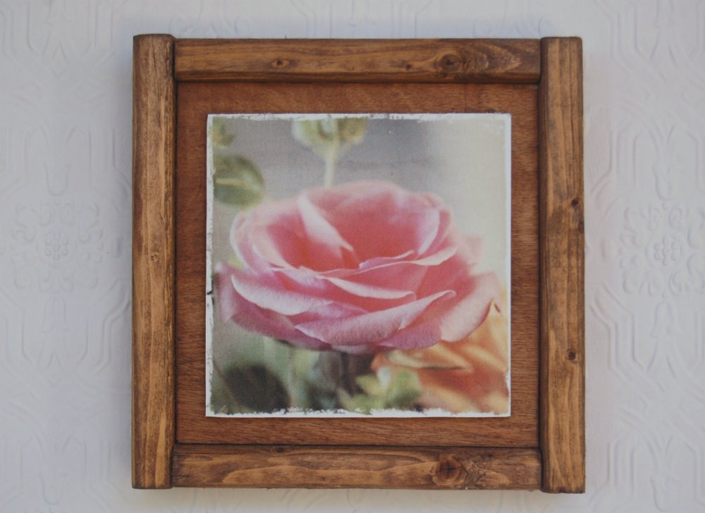 Canvas photo art on rustic wood frame plaque rose stained