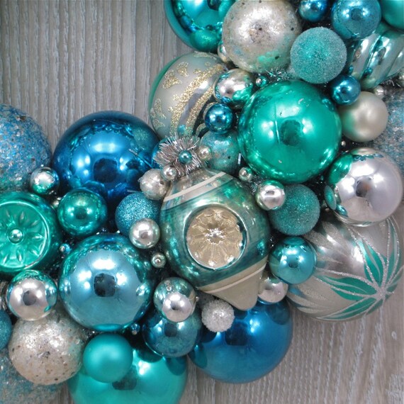 Aqua and Pale Blue Christmas Ornament Wreath with Vintage