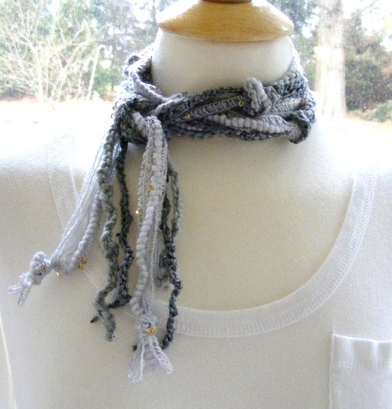 Silver Gray Pewter Fiber Scaf Lariat Necklace by meiguidesigns