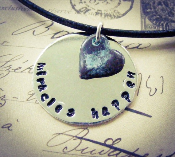 Miracles Happen Hand Stamped Pendant on Black Leather Choker