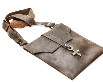 Brown Leather Messenger Bag - Distressed Leather Satchel - Skeleton Key Antique Hardware Steampunk Boho Bag - IN STOCK