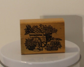 Vintage Flower Cart with Baskets and Hat Rubber Stamp
