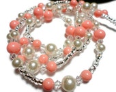 Beaded Lanyard Id Necklace with Pink Coral and White Swarovski Crystals and Pearls Strong Breakaway Magnetic Clasp Handmade Angel