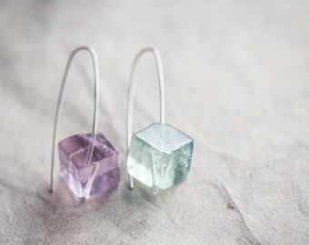 Modern Earrings Fluorite Cube Mint Purple Argentium Sterling silver Geometric Jewelry pastel minimalist