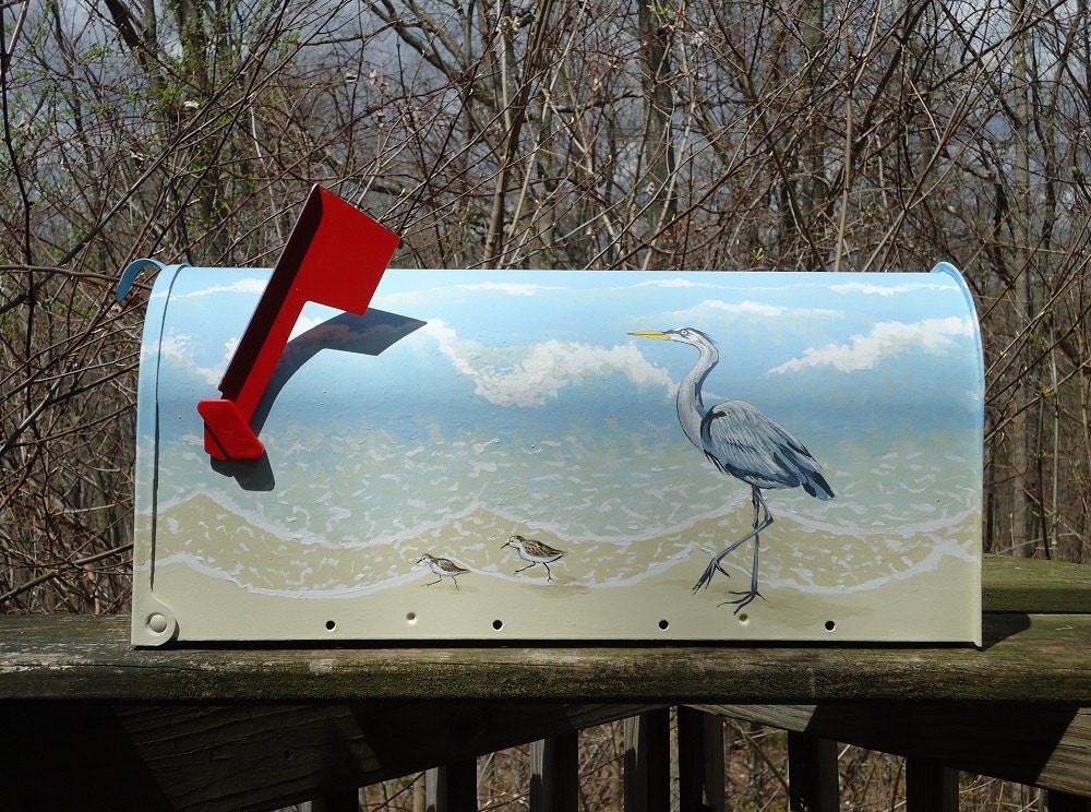 Hand Painted Mailbox Beach decor Blue Heron and by PatMcWhorter