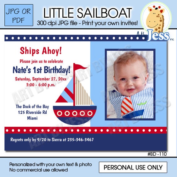Little Sailboat Nautical Photo Boy Birthday Invitations Any Age, Printable JPG or PDF Digital File Il_570xn