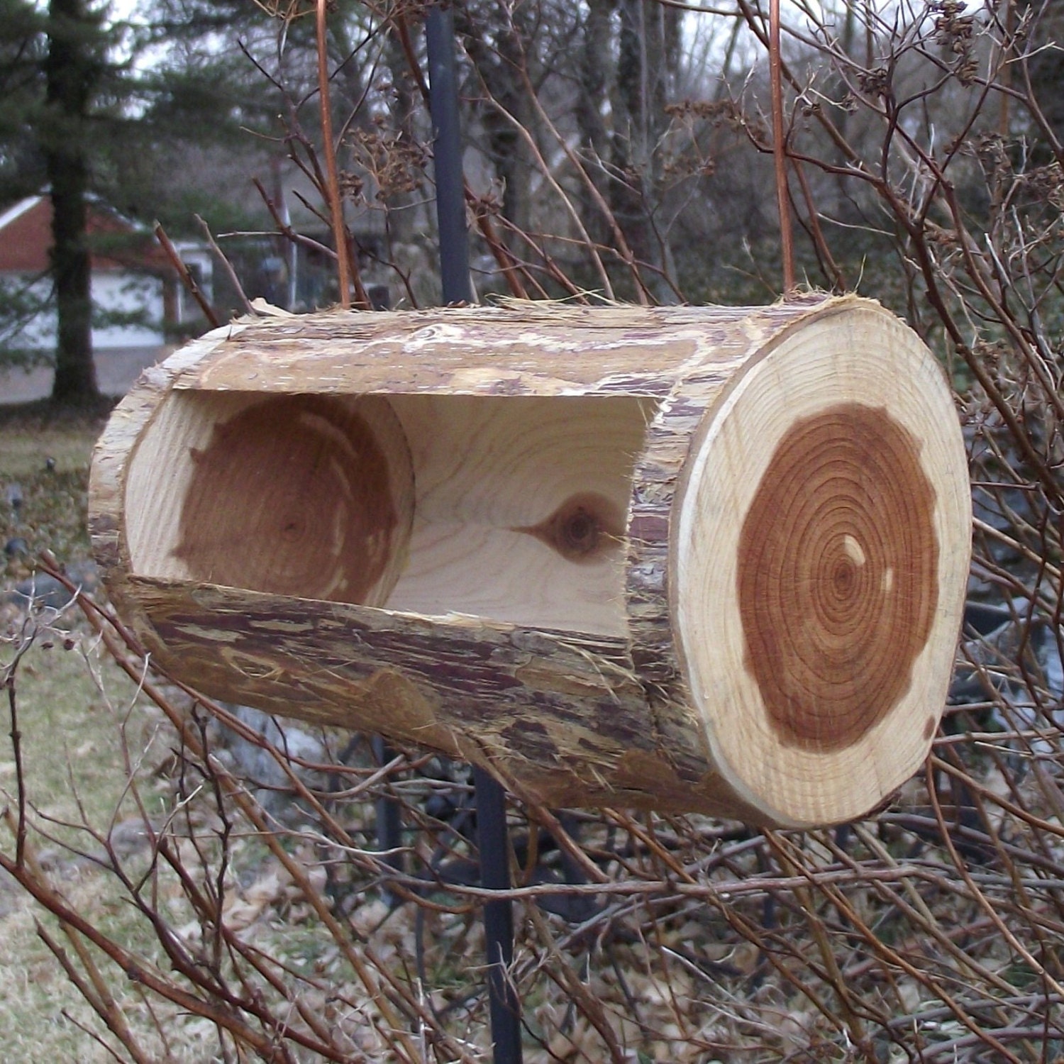 Cedar Log Bird Feeder Handmade from Reclaimed Tree Branch