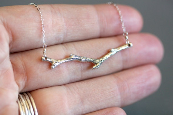 Silver Branch Necklace - Simple Tree Branch - Nature Inspired Jewelry - Modern Organic Necklace
