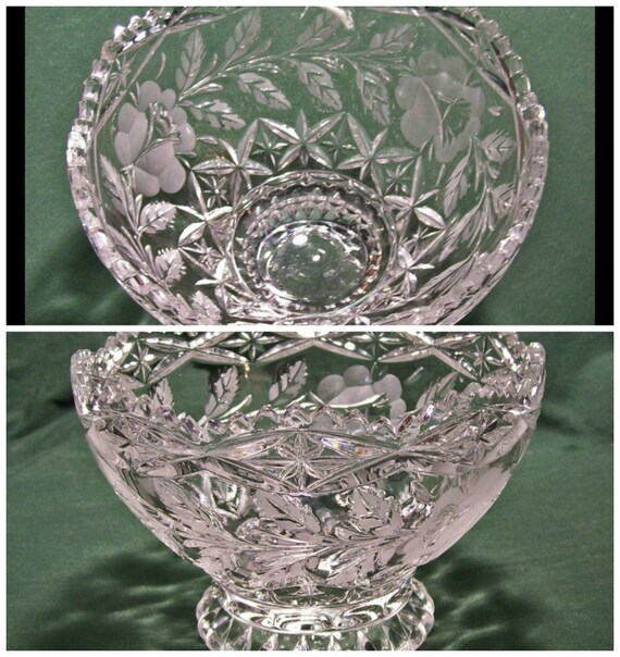 Depression Glass Clear Rose Bowl / Etched Long Stem Roses on