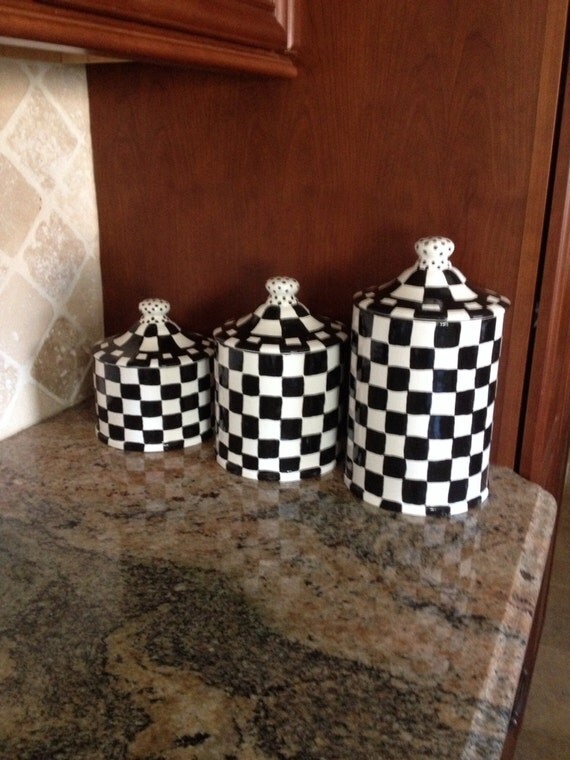 Ceramic clay black and white checkered canister set for