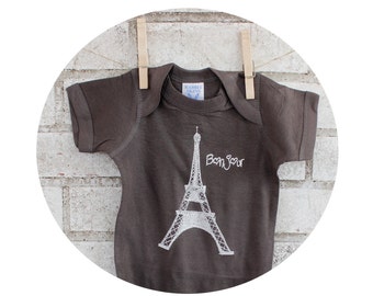 Eiffel Tower Baby Onepiece Bodysuit, Hand Printed Shirt, Infant Clothing, Screenprinted Top, One Piece Romper Unisex Clothes, Bonjour French