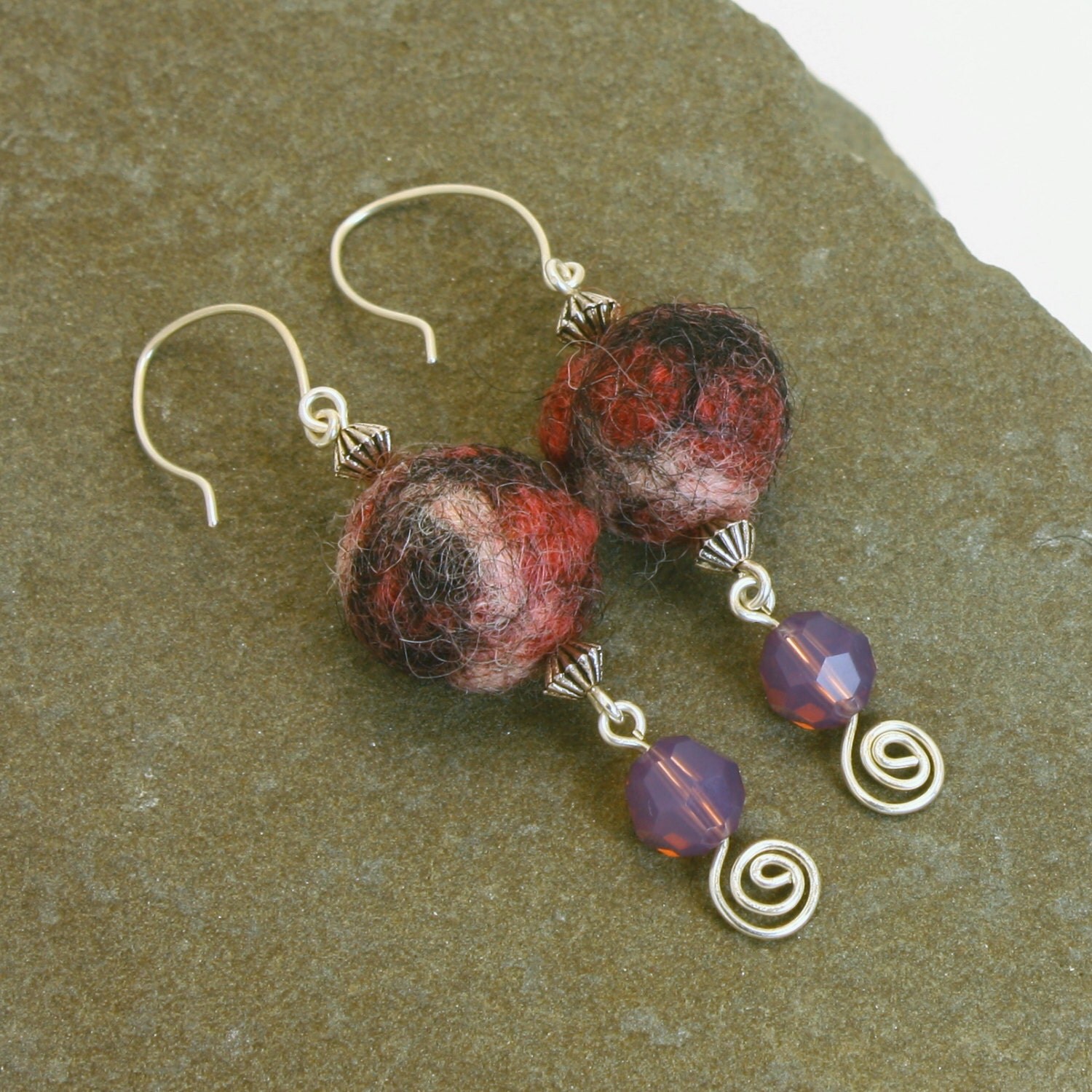Handmade Felted Bead Earrings with Swarovski by HyperspaceHippo