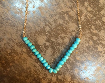 Turqouise chevron necklace, Geomteric necklace, Genuine turqouise necklace, turqouise and gold chain or silver chain