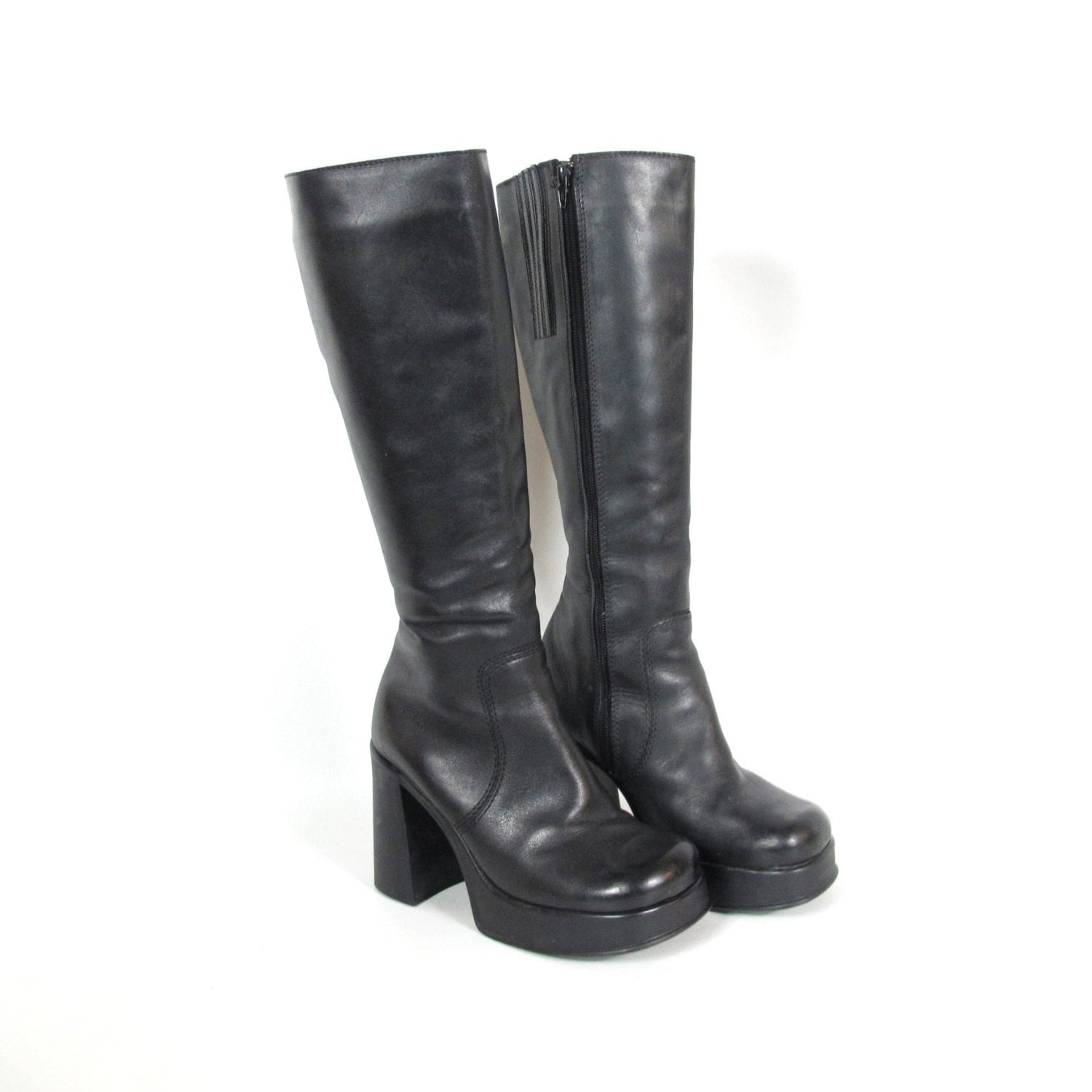 90s Goth Black Leather Boots Chunky Heel Knee High Platform