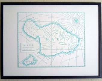Maui, Hawaiian Islands, Letterpress Printed Map (Light Blue)