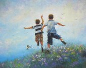 Two Brothers Leaping Original Painting 24X30, two boys paintings, two brothers images, boys room wall decor art, Vickie Wade Art Two Brothers Leaping Original Painting 24X30, two boys paintings, two brothers images, boys room wall decor art, Vickie Wade Art