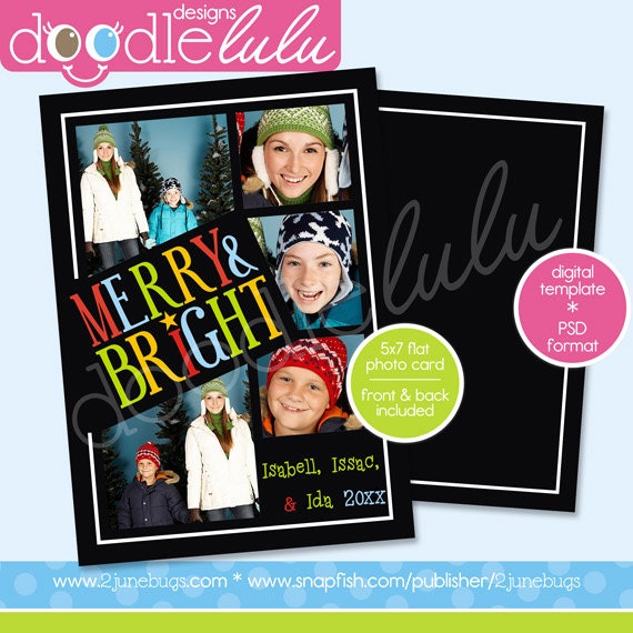 INSTANT DOWNLOAD Digital Printable 5x7 Black Merry & Bright Christmas Holiday Photo Card Template (Photoshop) PSD by Doodlelulu 2 june bugs Il_570xn
