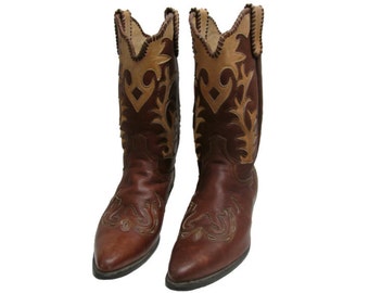 Vintage Western Boots Mens Brown Leather Inlay Rockabilly Cowboy Boots Mns US Size 10 1/2 D