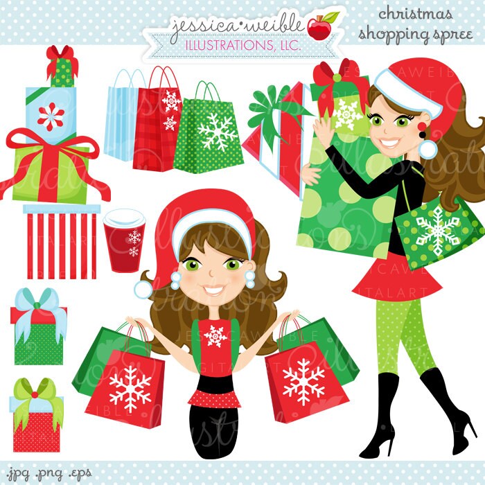 Christmas Shopping Spree Brunette Cute Digital Clipart