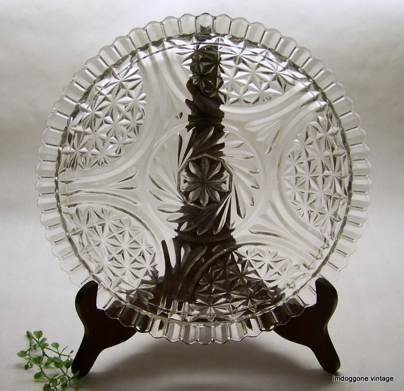 Vintage Pressed Glass Round Serving Plate, Large Scalloped Edge Cake Plate, Canape Plate, Fluted