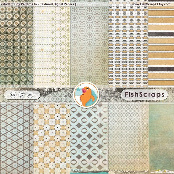 Modern Boy 2 Digital Paper - Fathers Day - Shabby - Masculine Man - Retro, Vintage Pattern - Yellow, Green Teal and Brown Il_570xn