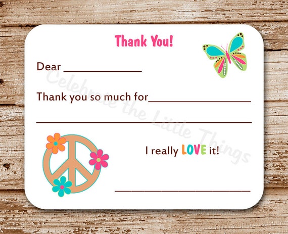 Set of 12 Peace Sign Thank You Cards for Girls | Fill in the Blank | Hippie Chick, Butterfly Note Cards, Stationery Il_570xn