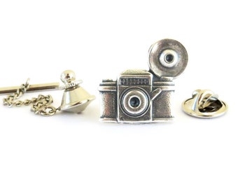 Steampunk Camera Tie Tack- Camera Pin- Sterling Silver Ox Finish