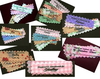 Custom Clothing Labels Garment Tags Personalized Sew In Designer Gingham Pindot Fabric Made With Love by, Designed by, Created by 60