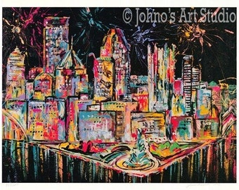 Pittsburgh skyline wall art, Pittsburgh art, Fireworks painting, modern wall art, man cave wall art, Print by Johno