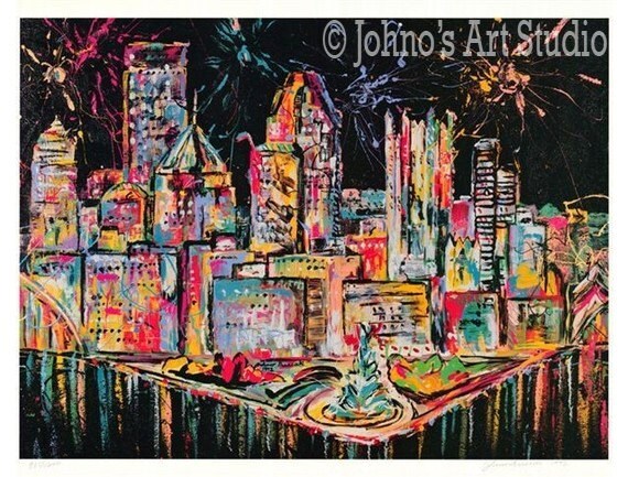 Pittsburgh skyline wall art Pittsburgh art Fireworks