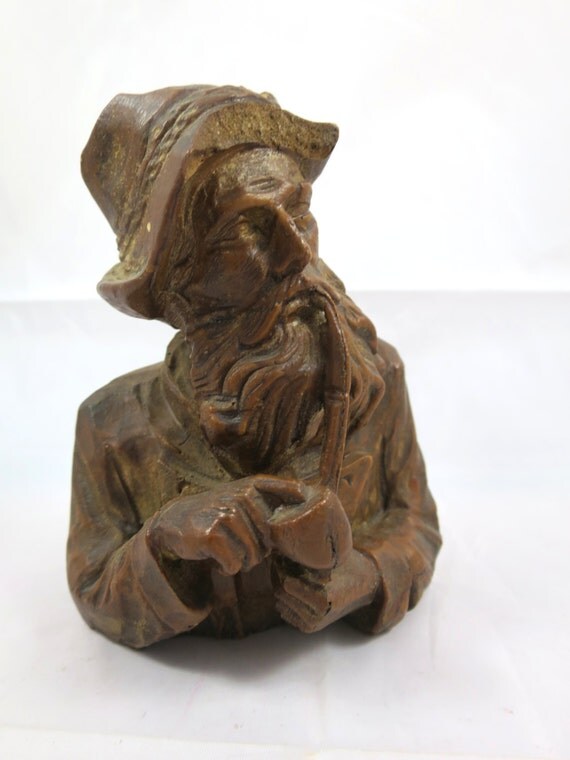 Bearded Man w/ Pipe Hat Bust Wood Resin by BonniesVintageAttic