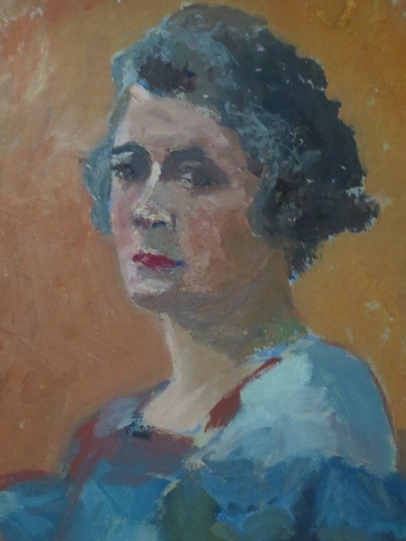 Vintage Oil Portrait ART DECO Older Woman in BLUE Dress Original ...