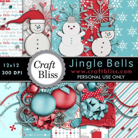 Sale! Digital Scrapbook Kit Christmas Snowman Clipart Christmas Bells Jingle Bells Christmas Cards Digital Scrapbook Kit Craft Supplies Sale Il_570xn