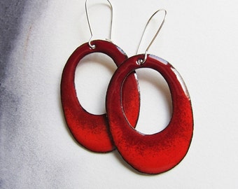 Holiday red enamel hoop earrings Enamel jewelry Big red oval dangle ...