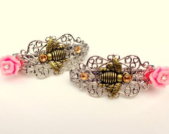 Honey Bee Barrette Pair (sm. size,)Hair Jewellry,Flower Girl,Wedding,Hair Accessories,Crystal Filigree Barrette,Pink Flower,Hair Jewelry