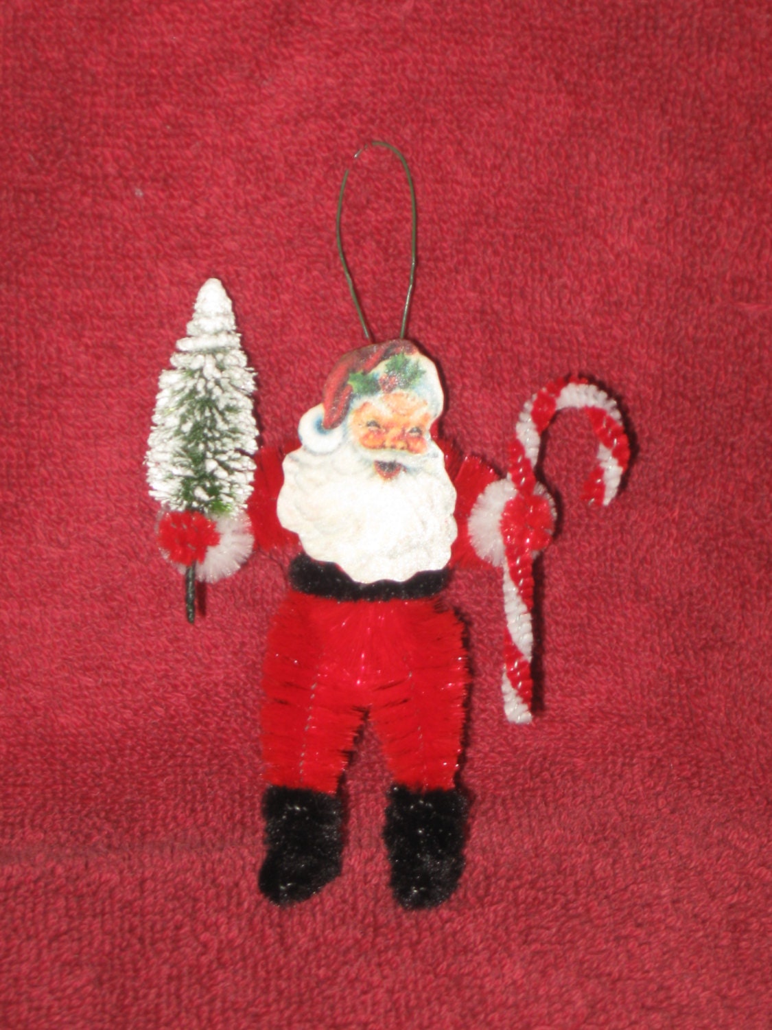 Vintage Style Old Stock Chenille Bump and Cardstock Christmas SANTA with Tree and Candy Cane Feather Tree Ornament left