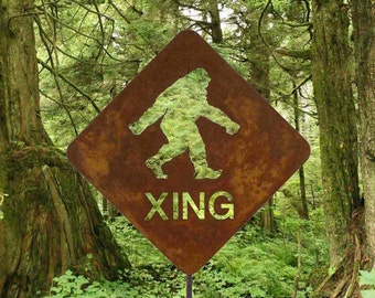 Bigfoot Sasquatch or Yeti Crossing Metal Yard Art or Garden Stick Sign