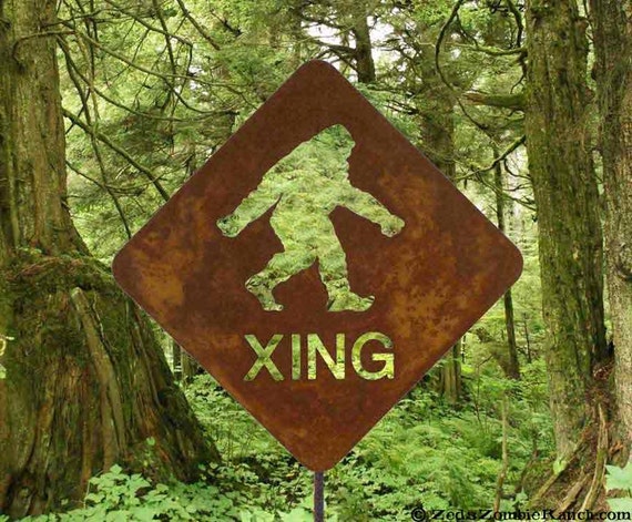 Bigfoot Sasquatch or Yeti Crossing Metal Yard Art or Garden Stick Sign by zedszombieranch