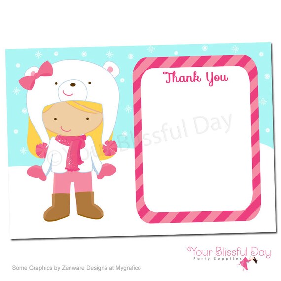 PRINTABLE Girl Winter Fun Thank You Cards (Character of your choice) Il_570xn